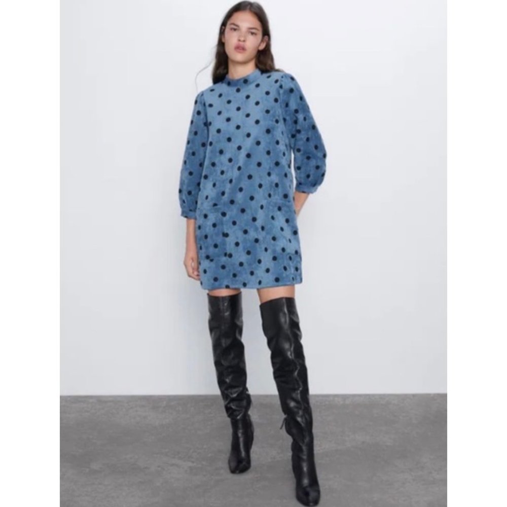 NWOT! ZARA Navy Blue + Black Polka Dot High-Neck Corduroy Mini Shift Dress - M
